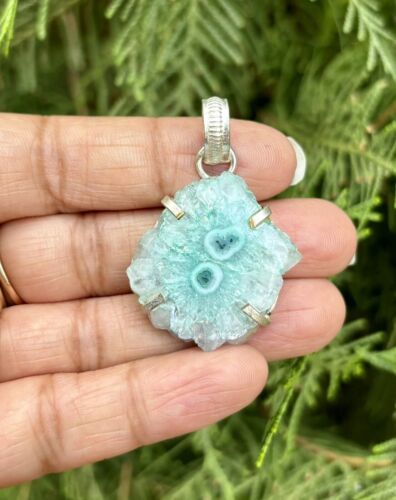 925 Sterling Silver Plated, Light Green Druzy Geode Agate Stone Pendant, 4 - $12.73