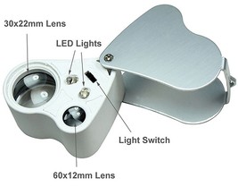 30x &amp; 60x Dual Jeweler Magnify Loupe 2 In 1 I L Lu Mina Te D Magnifier w/ Led Lights - £20.61 GBP