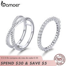 BAMOER 2pcs Authentic 925 Sterling Silver Dazzling CZ Geometric Finger Rings for - £18.76 GBP