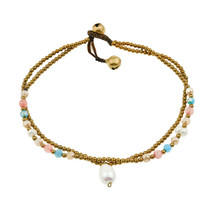 Double Strand Pearl Charm Colorful Mixed Stone and Brass Bead Jingle Bel... - £7.74 GBP
