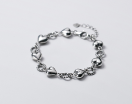 Authentic 18K 925 Sterling Thai Silver Romantic Heart Twist Ring Bracelet - £98.49 GBP