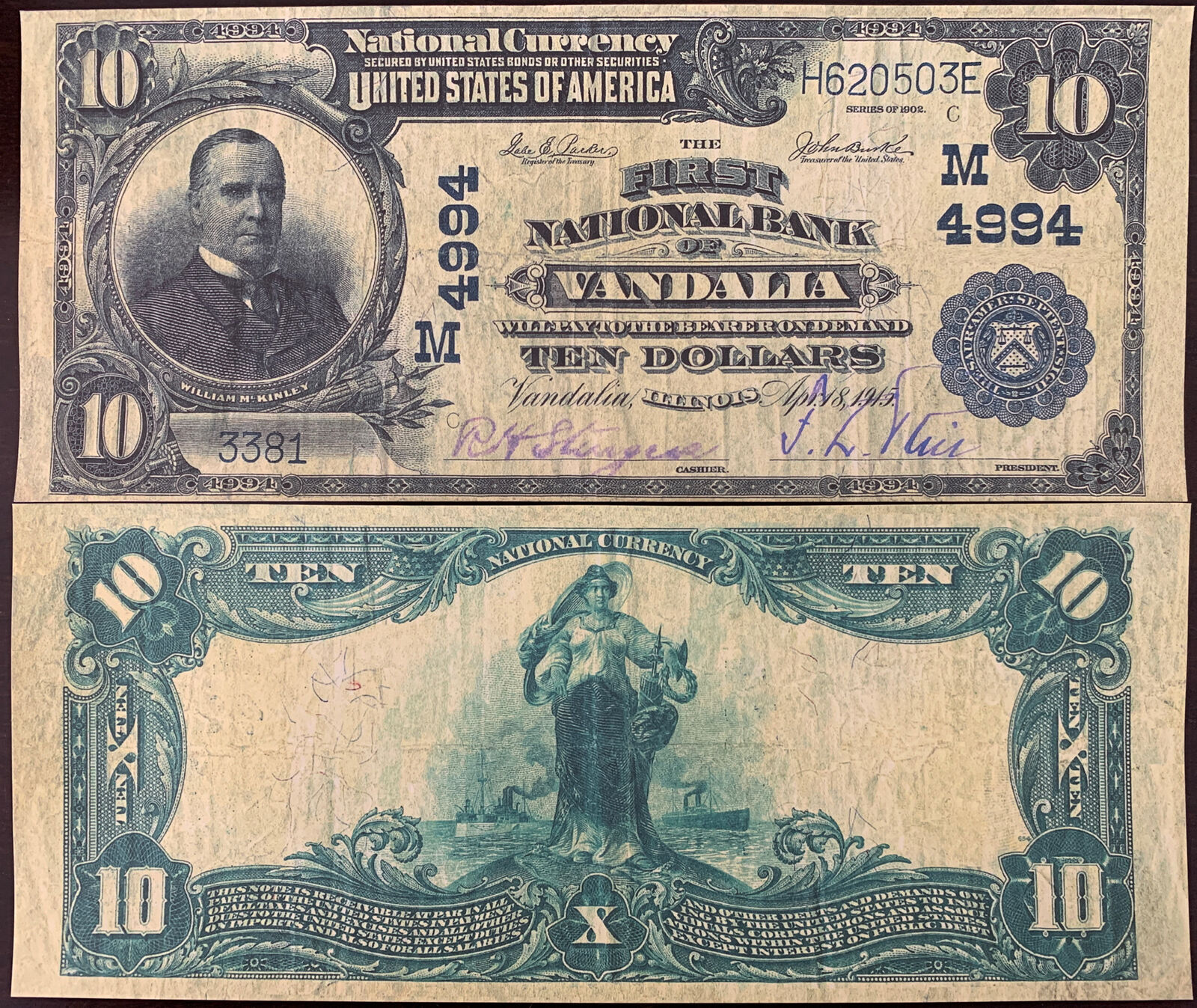 Reproduction $10 National Bank Note 1902 1st Natl. Bank Vandalia IL Copy USA - $3.99