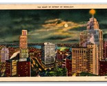 Downtown Night View Moonlight Detroit Michigan MI Linen Postcard W20 - $2.92