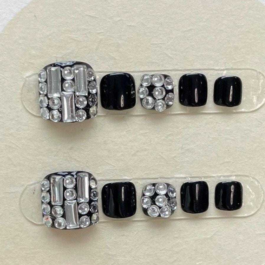Black Rhinestone Glam Press-On Toenails – Luxury Pedicure Set. Artificia... - $22.99