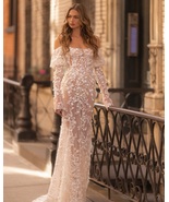 Custom Mermaid Dress with Sweetheart Neckline &amp; Puff Sleeve Glitter Flor... - $559.00