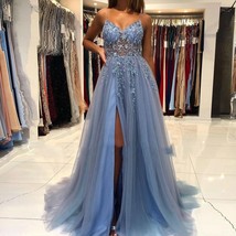 Beautiful Pretty Elegant Prom Dress Long V-Neck Spaghetti Strap Sleeveless Appli - £318.58 GBP