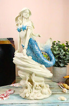 Ebros Ocean Aqua Blue Tailed Mermaid Sitting On Sea Rock Figurine 11.5&quot;H - £30.83 GBP