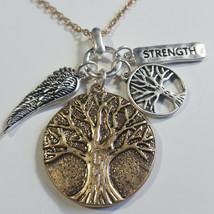 Tree of Life Strength Message Cluster Pendant Necklace &amp; Earrings Set 27&quot;  Gold - £15.90 GBP