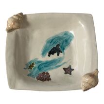 Coastal Ceramic Turtle Shell Dish with Seashell Corners Nautical Decor - $34.20