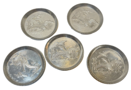 Vintage Aluminum Mallard Duck Silver Coasters Set of 5 Cabin Hunting 3.25&quot; - £10.89 GBP