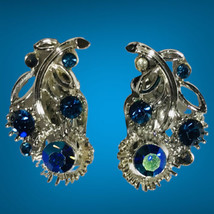 Vintage Signed Lisner Blue Rhinestone Silver Tone Clip On Earrings - £31.97 GBP