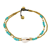 Double Strand Seashell Charm Blue Turquoise and Brass Bead Jingle Bell Anklet - £10.92 GBP
