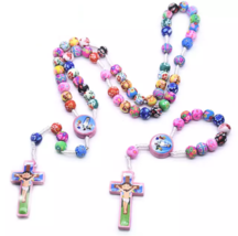 Children&#39;s Girl&#39;s Pink Colorful Clay and Cord Rosary Set Catholic 5 and 1 Decade - £13.65 GBP