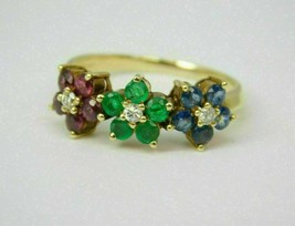 3CT Round Emerald Ruby &amp; Sapphire Flower Engagement Ring 14k Yellow Gold Finish - £79.32 GBP