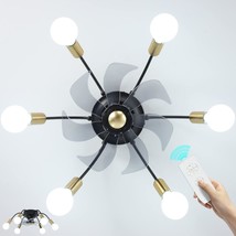Gold And Black Modern Sputnik Chandelier Fan, 6-Light Flush Mount Low Profile - £103.00 GBP