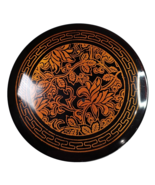Vintage Black Lacquer Trinket Box with Floral Detailed Lid 4in Round Décor - $285.40 MXN