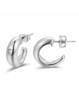 Sterling Silver 925 Small Huggie Star Hoop Earrings With Clear Cubic Zir... - $20.01