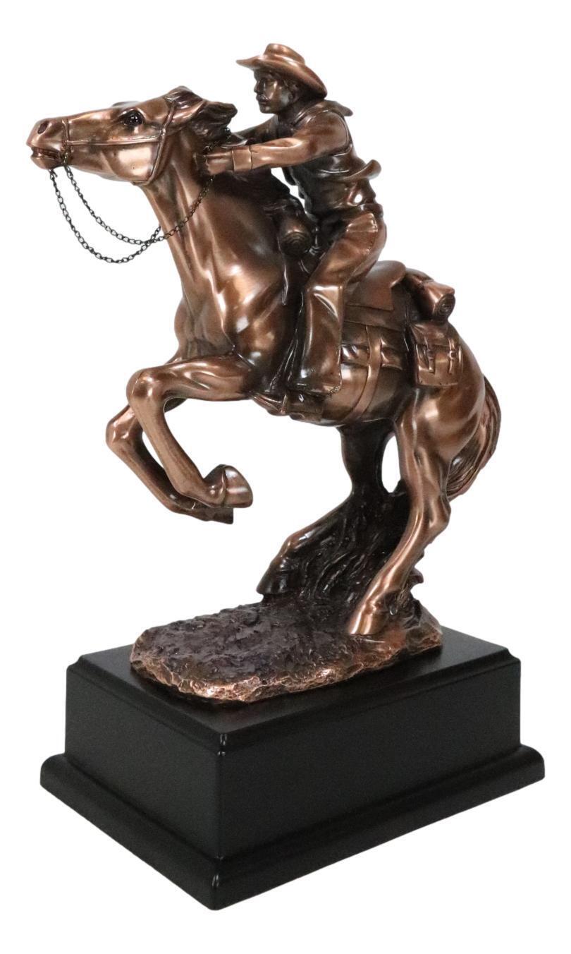 Rustic Western Wild Cowboy Bracing On A Galloping Horse Bronzed Resin Statue Item image 3