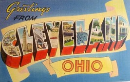 Greetings From Cleveland Ohio Large Big Letter Postcard Linen Unused Vintage - £8.18 GBP