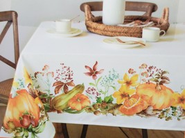 Printed Linen Tablecloth 52&quot;x70&quot;Oblong, Fall Flowers &amp; Pumpkins,Autumn Fields,Bm - £21.82 GBP