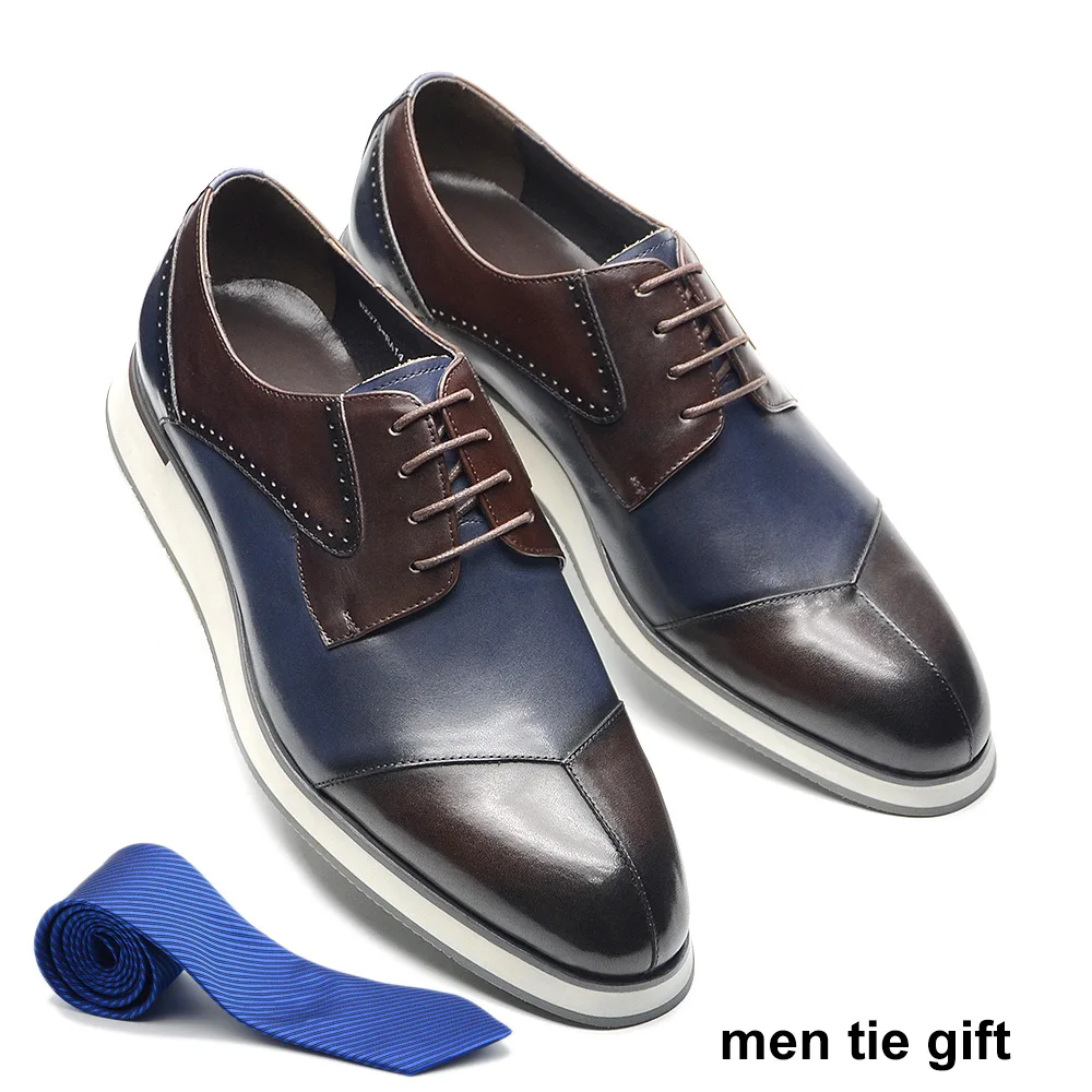 Mens Flat Derby Shoes Genuine Cow Leather Color Block Lace Up Handmade G... - £91.05 GBP