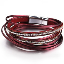 Amorcome Multilayer Leather Bracelet Female 6 Colors Trendy Rhinestone Crystal F - £9.79 GBP