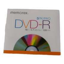 Memorex 5 Pack Slim Case 16x 4.7GB DVD-R Recordable Disks 120 Min. - $9.89