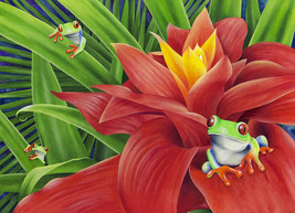 FRAMED CANVAS ART PRINT red-eyed tree frog in forest garden exotic flowers - £31.64 GBP+