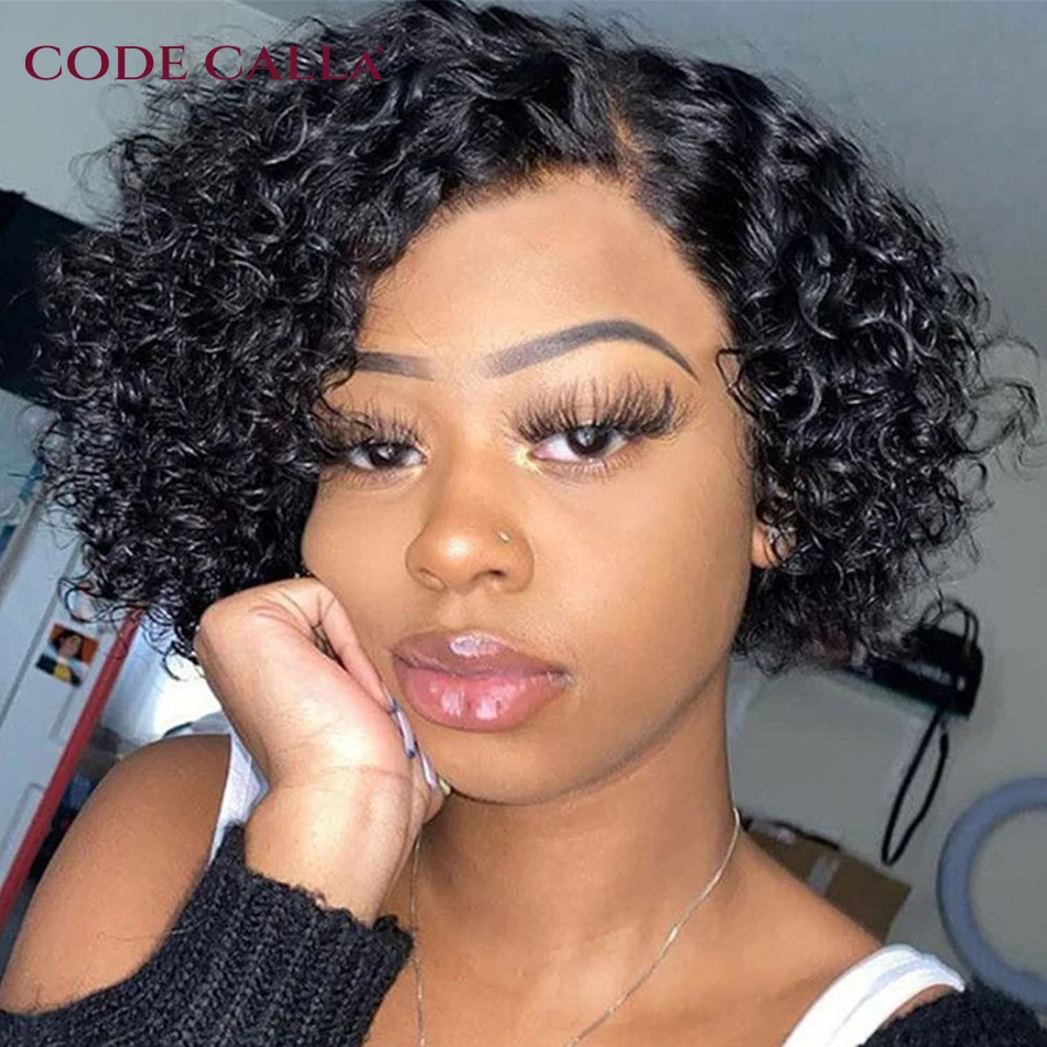 Short Jerry Curly Human Hair Wig Bob Wigs Pixie Cut Wig Human Hair T Part La - £44.26 GBP