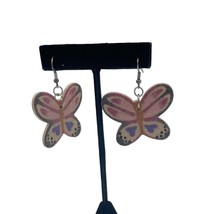 Pink and Purple Sand Art on Wood Butterfly Dangle Earrings - £10.51 GBP