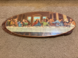 Vintage  &quot;The Last Supper&quot;  Painting on Cedar Wood Wall Plaque  16x6.5 - $443.02 MXN
