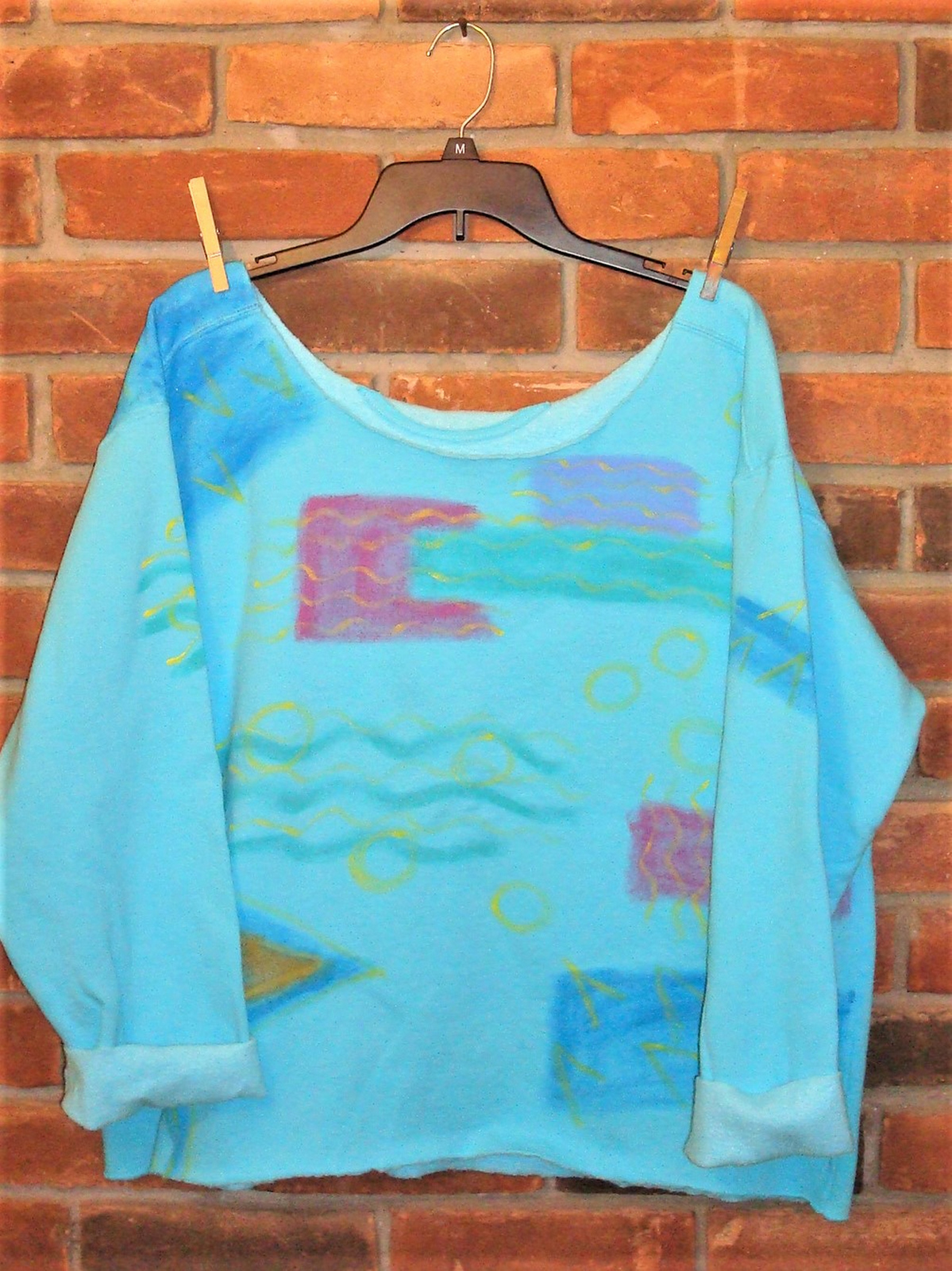 Primary image for Hand Painted One of a Kind Abstract Art Raw Edge Off the Shoulder Sweatshirt XL
