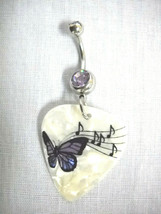 Purple Butterfly Sheet Music Notes Printed Guitar Pick 14g Purple Cz Belly Ring - £4.78 GBP
