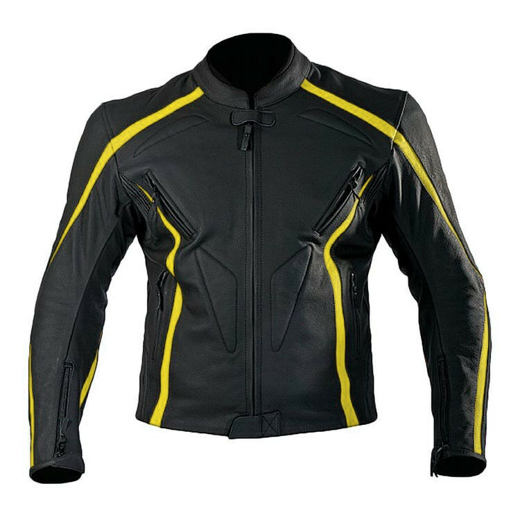 Men Black Motor Bike Yellow Striped Perforated Genuine Leather Safety Pad jacket