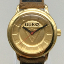 Vintage Guess Watch Women 28mm Gold Tone Logo Dial Leather Band 1996 New Battery - £23.48 GBP