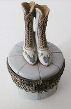 Victorian Shoes Round Ceramic Resin Hinged Trinket Storage Jewelry Box- 3&quot; Tall - £17.26 GBP