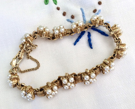 Gold Link Bracelet with Seed Pearls - Vintage Jewelry - £23.98 GBP