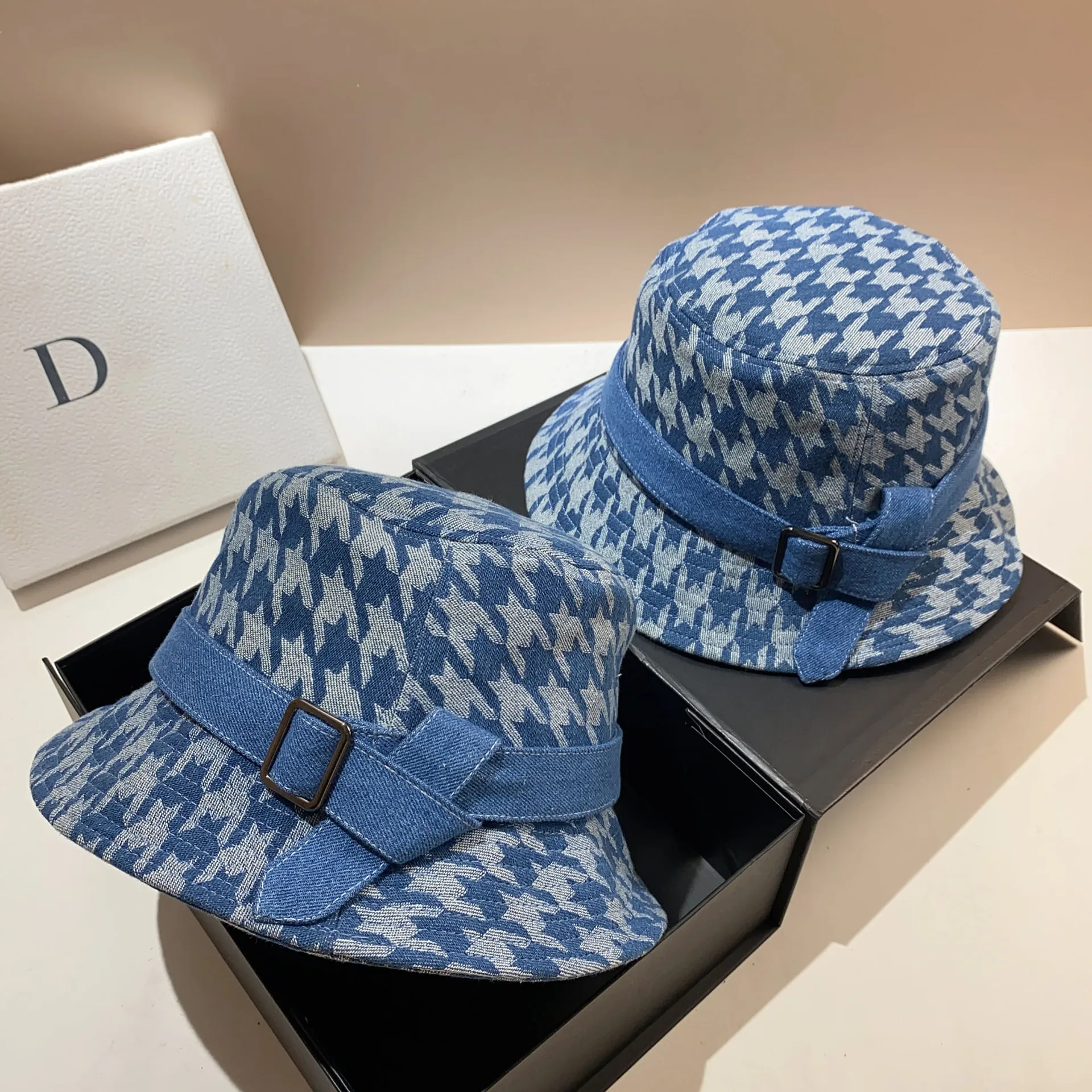 Luxury Houndstooth Women&#39;s Denim Bucket Hat Summer Spring Flat Fisherman Hat - £11.39 GBP