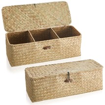 2 Pieces Seagrass Baskets With Lid, Rectangular Hand Woven Wicker Bin Storage Bo - £31.65 GBP