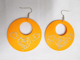 Boho Bright Orange W Silver Glitter Hearts Wood Round Flat Hoop Wooden Earrings - £4.73 GBP