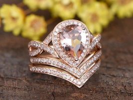 3pcs bridal ring set,pear cut pink morganite &amp; sim diamond ring set  - £74.92 GBP