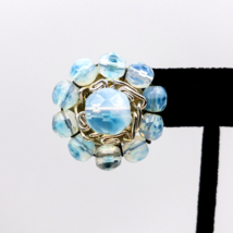 Single Vintage Earring Clip On Round Blue Transcluscent Faceted Beads Metal 1&quot; - £2.73 GBP