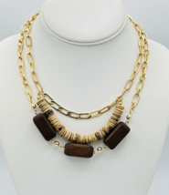 Layered Gold Tone Coconut Shell Wood Necklace - £10.90 GBP