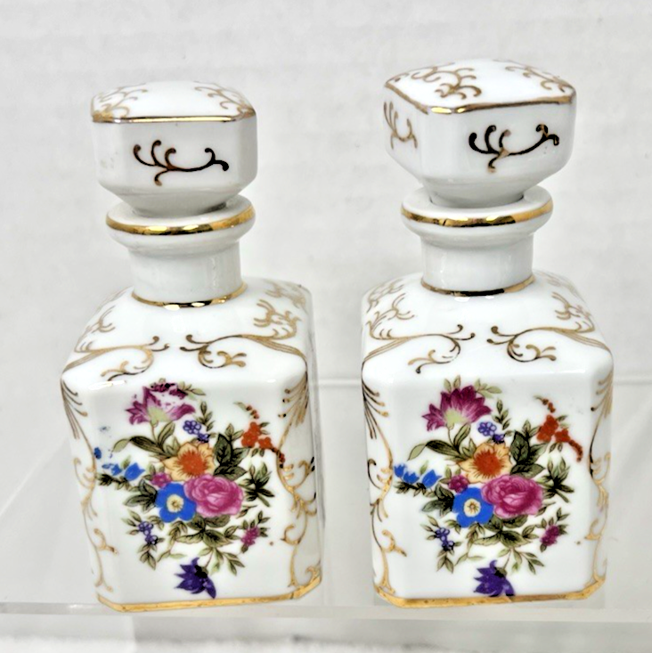2 Vintage Irice Floral & GOLD Perfume Scent Bottles In Great Shape 3 1/2 inch Item image 3