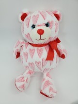 13&quot; Pink White Bear w Hearts All Over Blue Eyes Red Bow Plush Stuffed Toy B315 - £11.75 GBP