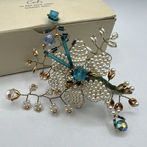 Vintage Wire &amp; Bead Corsage Brooch Aqua Blue White Gold 5&quot; Iridescent AB... - $37.39