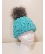 Handmade Crochet Cable Hat with Grey Faux Fur Pompom - $365.04 MXN