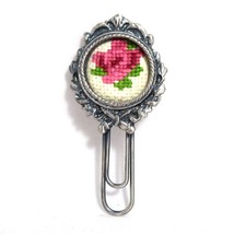 Vintage Metal Bookmark w/ Handmade Embroidered Flower Cross Stitch Pewter Color - £15.99 GBP