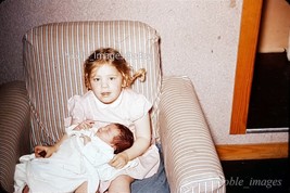 1955 Big Sister Holding Infant Sibling Chair Red-Border Kodachrome Slide - £2.77 GBP