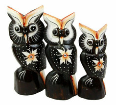 Balinese Wood Handicrafts Star Flower Night Owl Family Set of 3 Figurine... - $25.99
